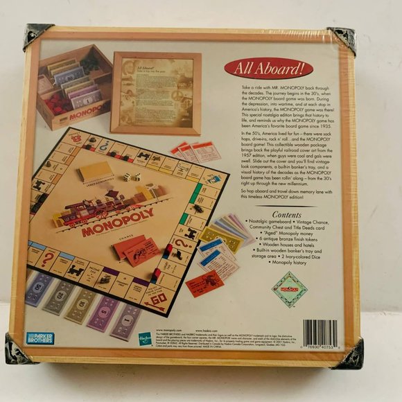 Vintage Monopoly Wooden Box Board Game Nostalgia Series All Aboard 2001 Sealed - Picture 2 of 4